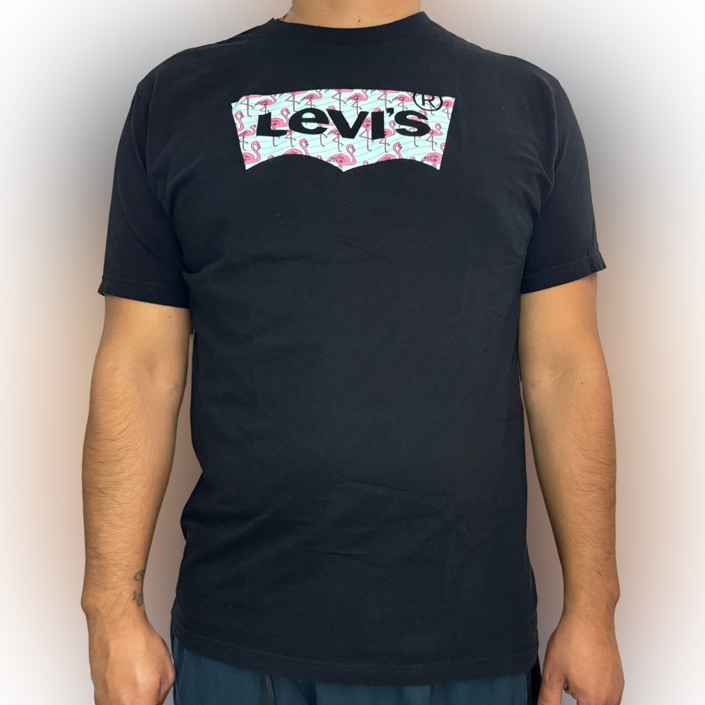 Original Levi’s Black T-Shirt - Teal Logo with Flamingos
